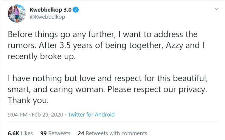 Kwebbelkop announces their break up on February 29, 2020. | Source : Twitter