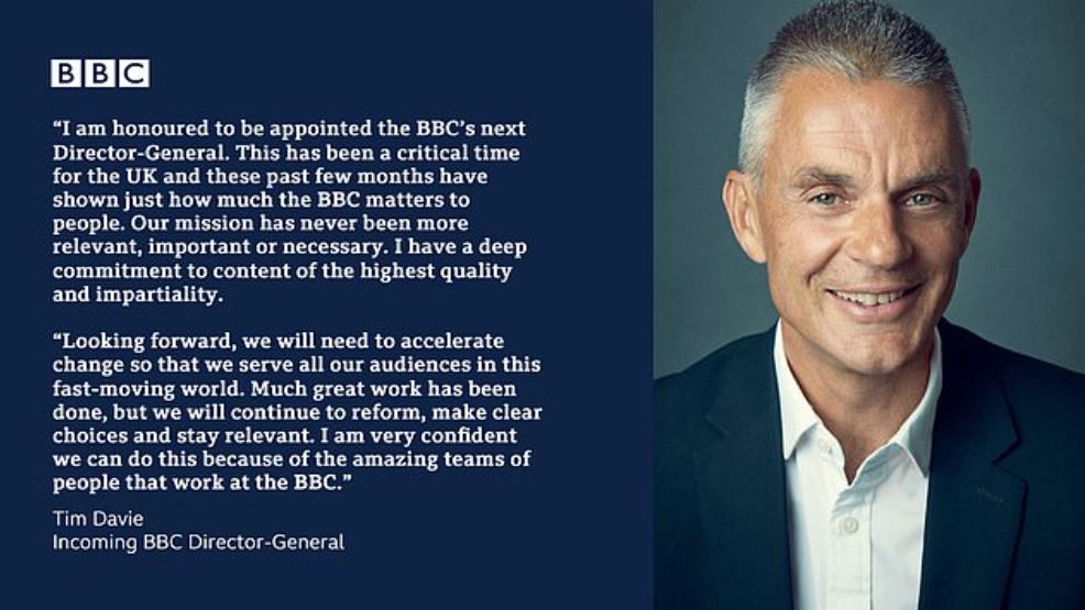 Tim Davie was appointed as BBC's Director General. | Source: Dailymail.co.uk